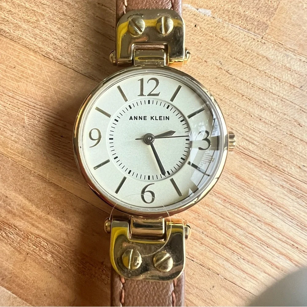 Anne Klein ladies round brown leather dress watch NEW BATTERY